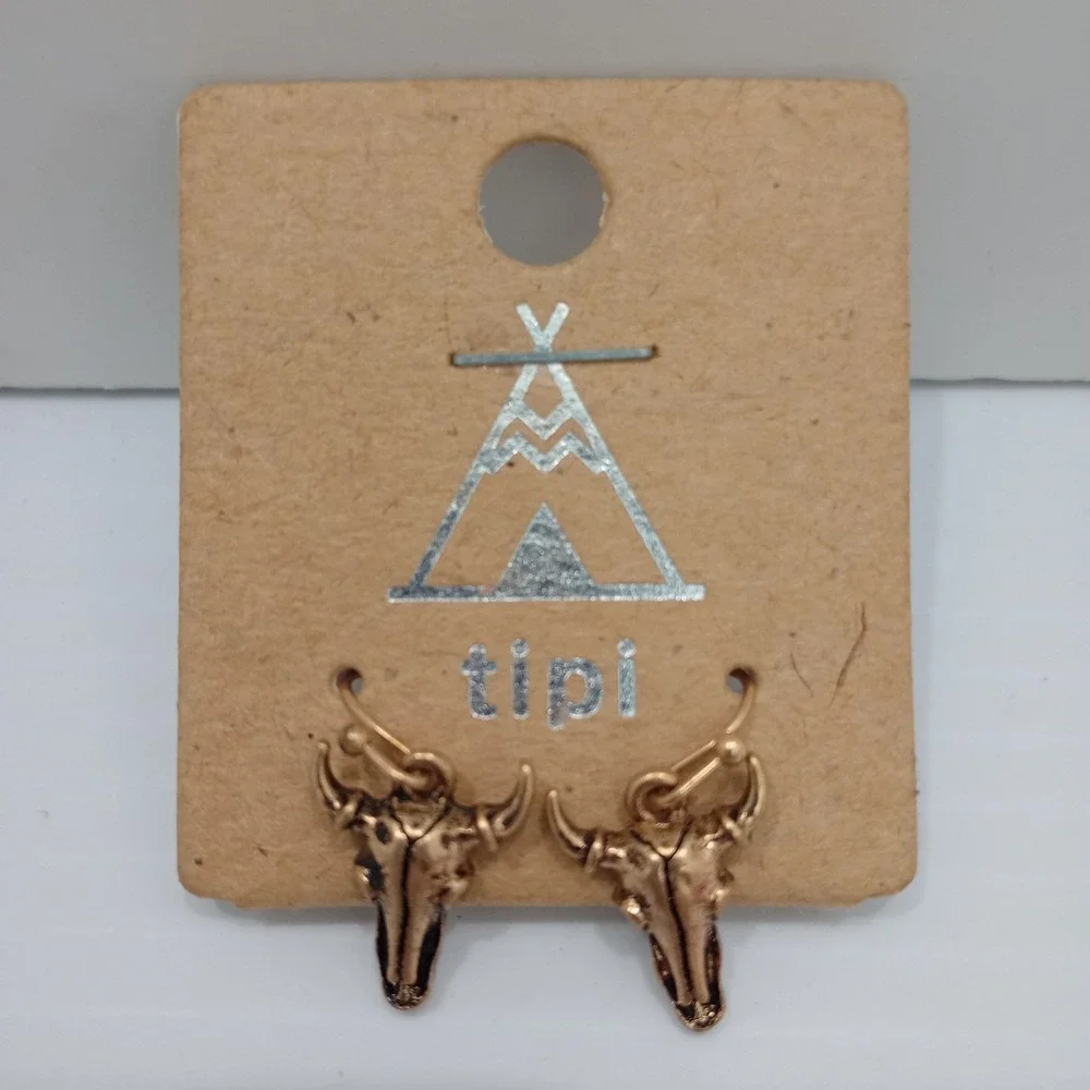 Tipi Western Bull Skull Earrings‎ Gold Tone Dangle Boutique Style Pierced